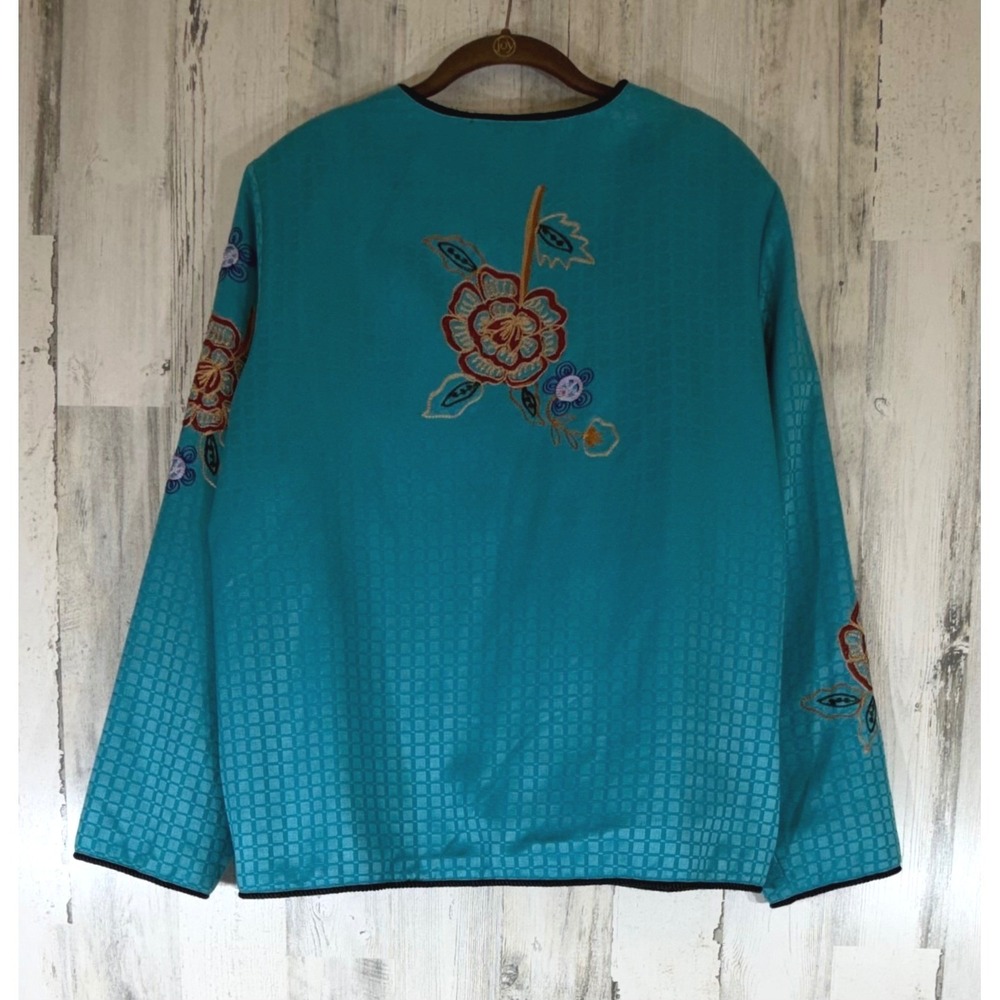 Entice Embroidered Jacket 1X Turquoise Blue Floral Art to Wear Cotton Rayon - Picture 2 of 10